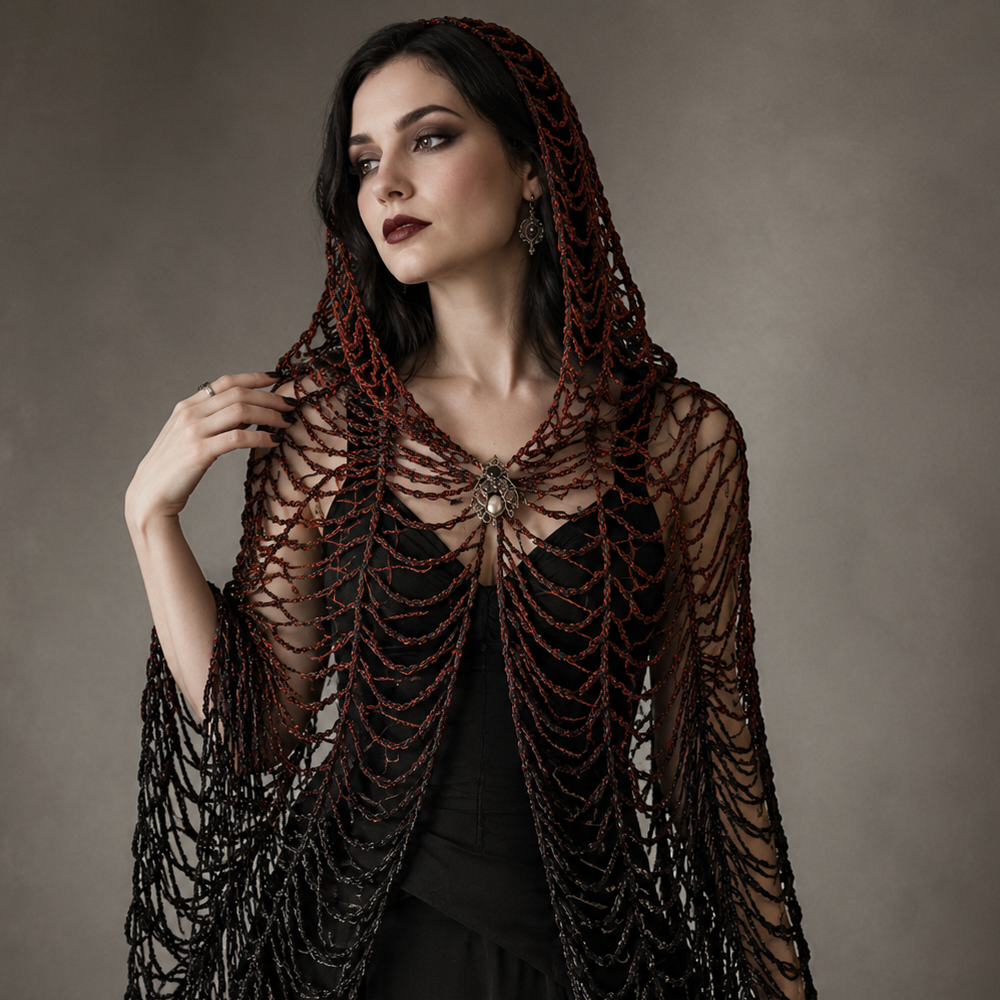 Gothic Spiderweb Shawl with Vintage-Inspired Fly Brooch