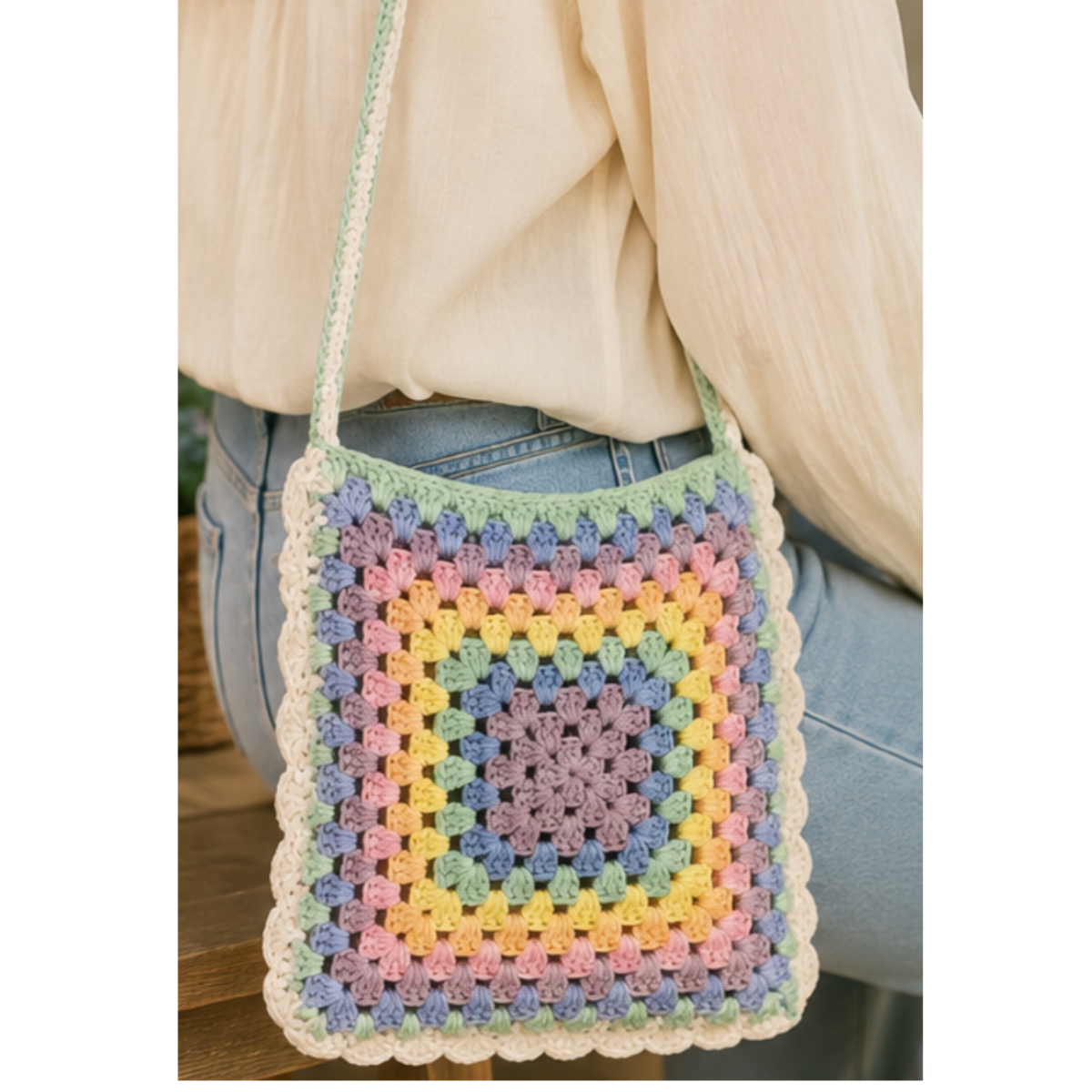 MOTTS Handmade Pastel Crochet Crossbody Market Bag – 100% Cotton