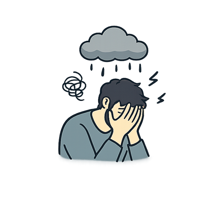 A person with dark hair and a beard is holding their face in their hands, appearing distressed or overwhelmed, with a dark cloud and rain overhead, indicating feelings of sadness or stress.