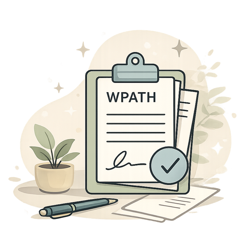 A clipboard with a document labeled 'WPATH', a checkmark, and a signature, surrounded by a potted plant, a pen, and scattered papers, set against a light background with decorative stars.