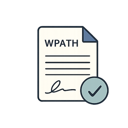 An illustration of a document labeled 'WPATH' with a signature line, and a checkmark icon in front of it.