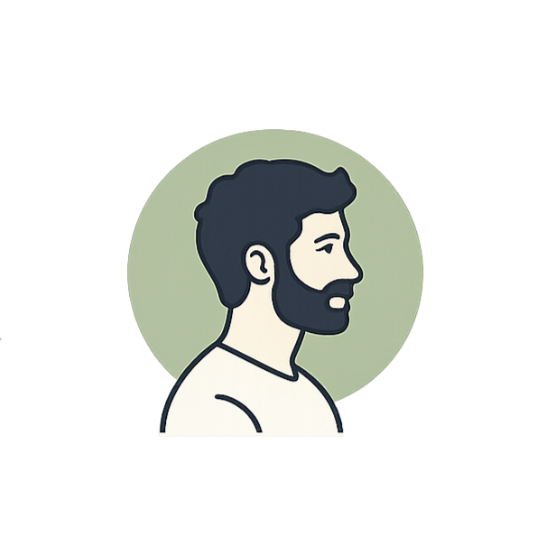 Illustration of a man with a beard and dark hair in profile view, against a light green circular background.