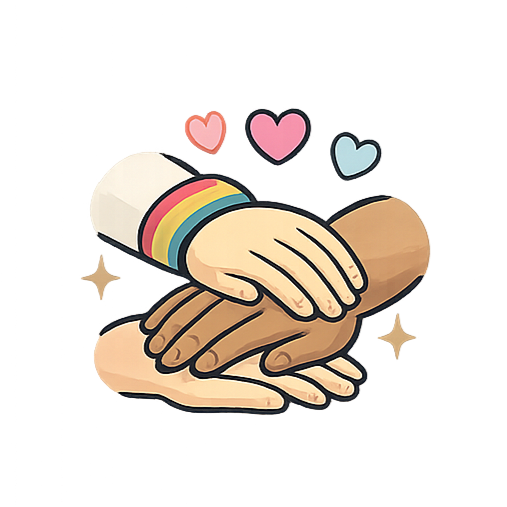 Illustration of three hands of different skin tones stacked together, with colorful hearts and sparkles around them, symbolizing unity and diversity.