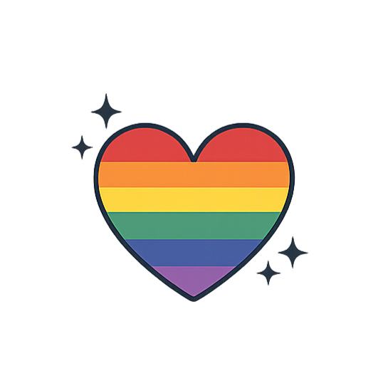 A heart with rainbow stripes representing the LGBTQ+ pride flag, surrounded by small sparkles.