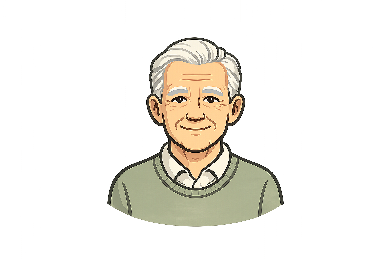 Cartoon illustration of an elderly man with gray hair, smiling, wearing a light green sweater over a white collared shirt, standing against a plain background.