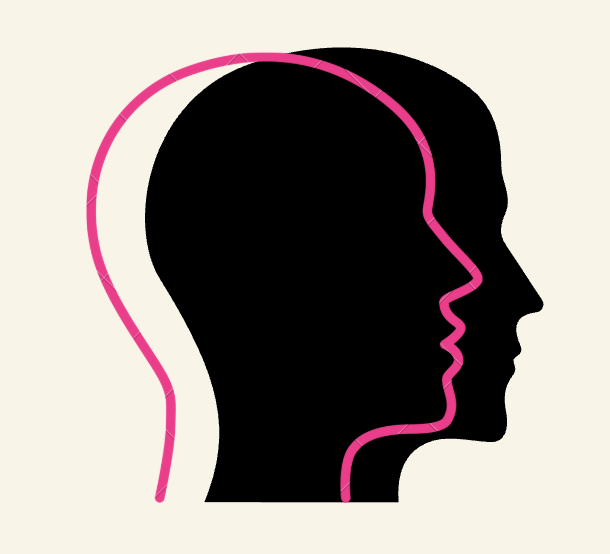 Silhouette of a human head with a pink line forming the outline of a second smaller head inside it.