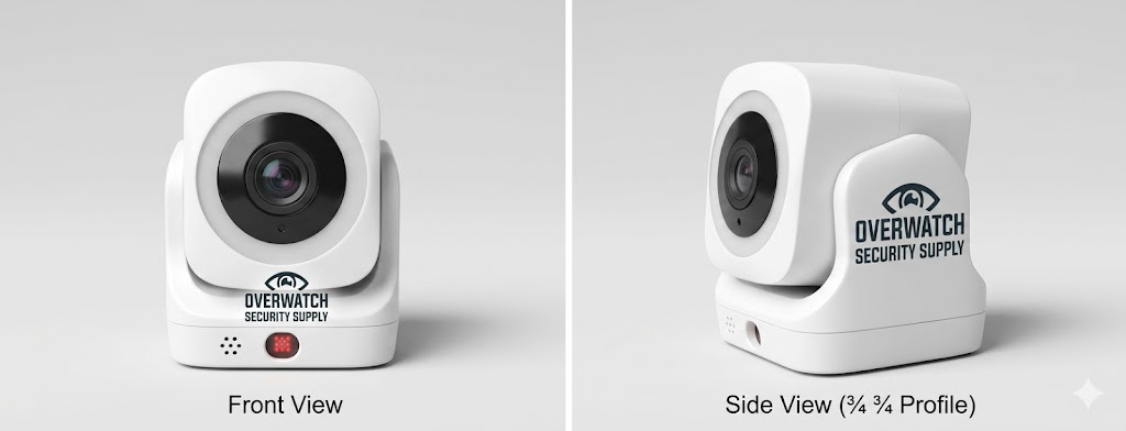 A white security camera with a black lens, branded 'Overwatch Security Supply,' shown from front and side views against a gray background.