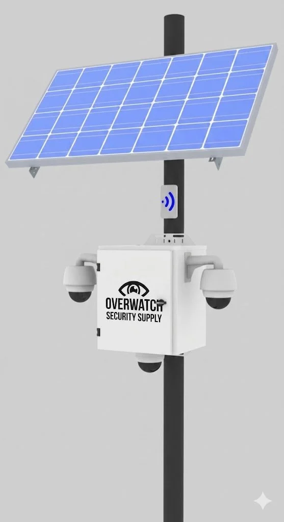 A security surveillance system with a solar panel mounted on a pole, featuring cameras and a white box labeled "Overwatch Security Supply".
