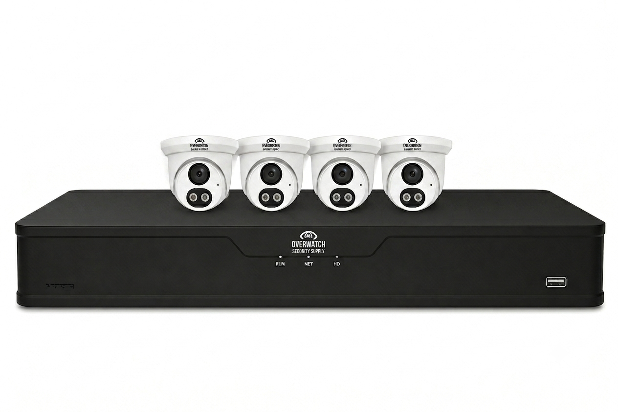 Four white security cameras placed on a black security system with a USB port, all labeled 'Overwatch Security Supply'.