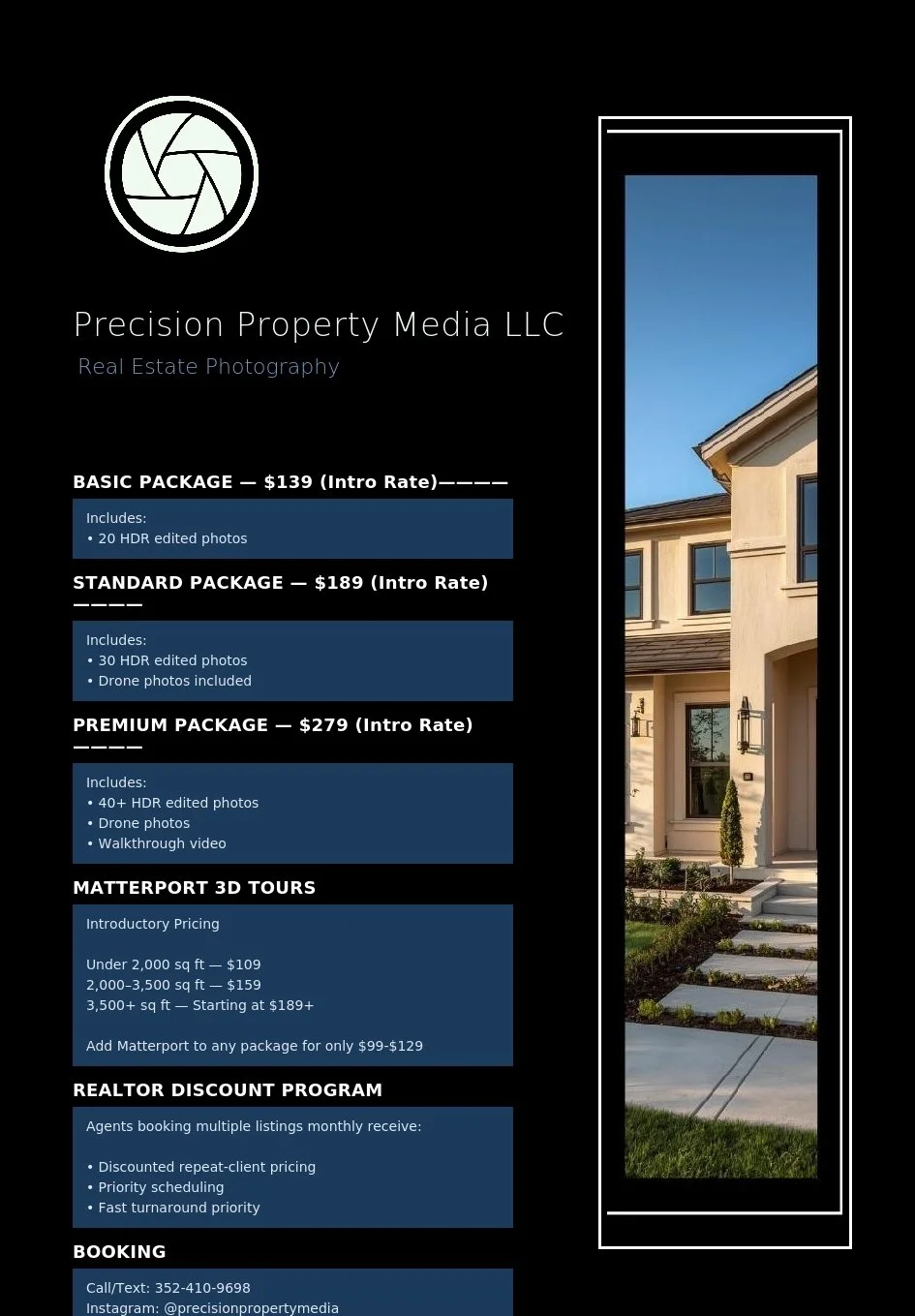 Pricing packages and services for real estate photography by Precision Property Media LLC, featuring basic, standard, premium packages, Matterport 3D tours, realtor discount program, and booking contact information.