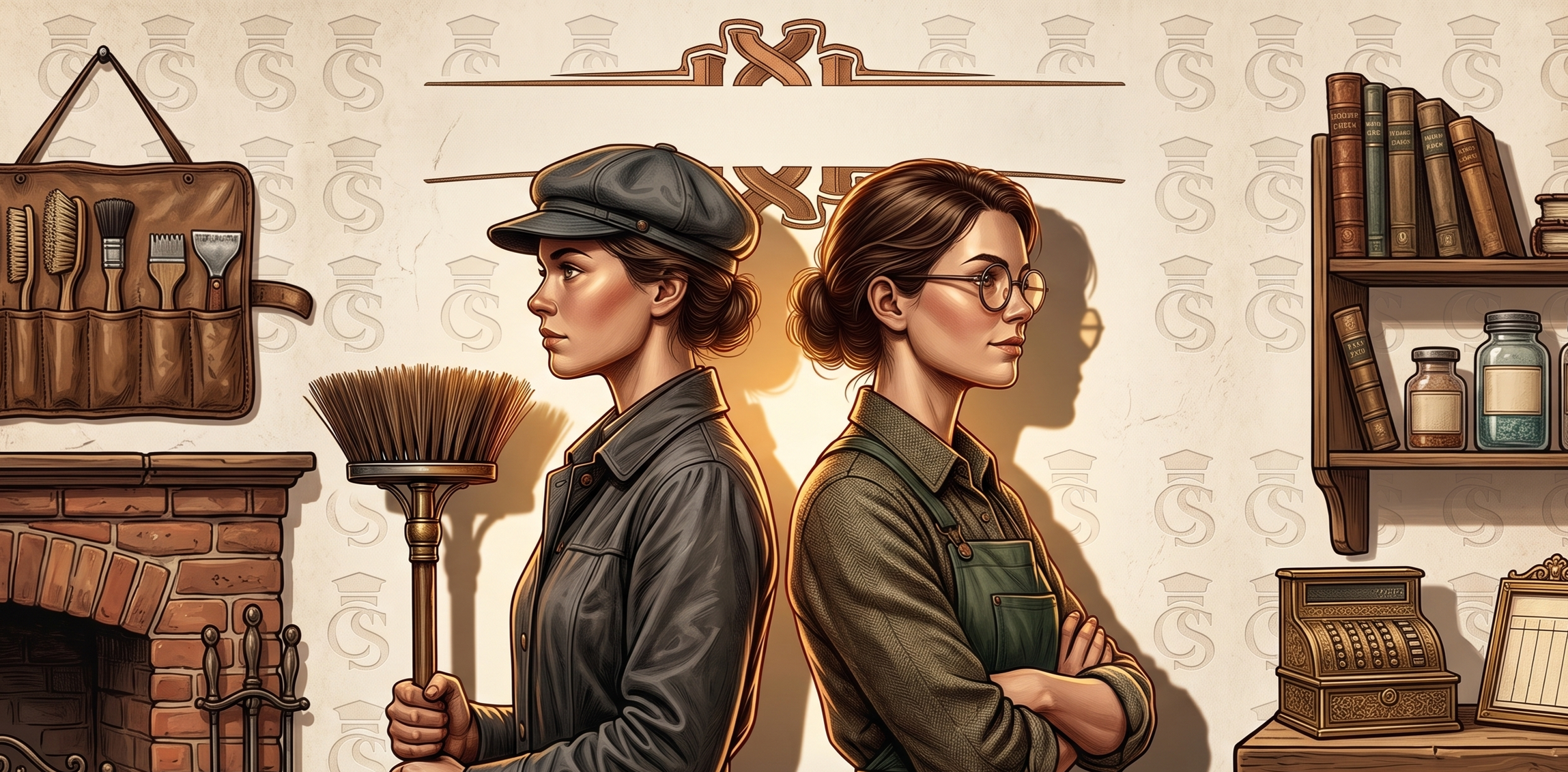 Two women stand back-to-back in a vintage workshop scene, one holding a broom, surrounded by shelves and tools.