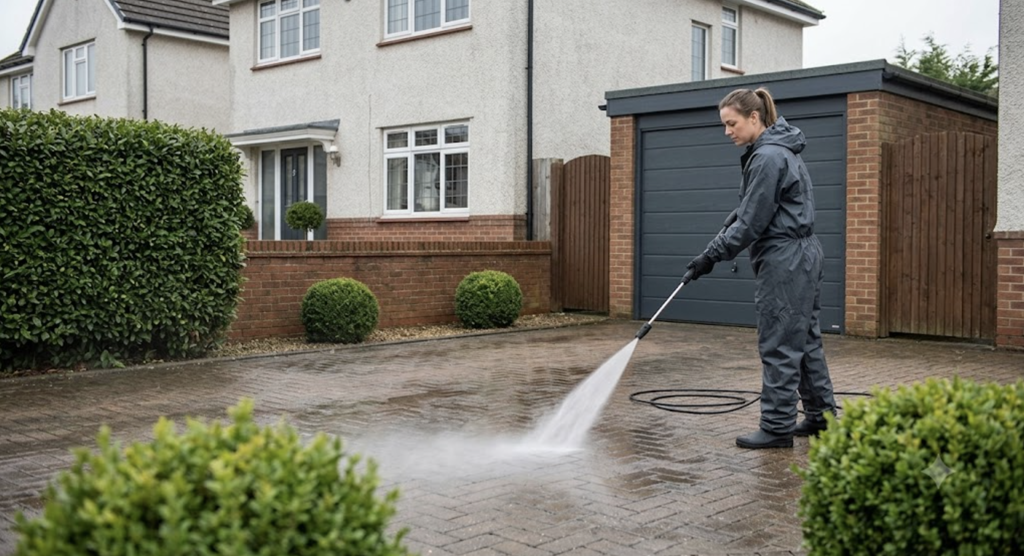 A person in protective clothing pressure washing a brick driveway outside a house with bushes and a garage.
