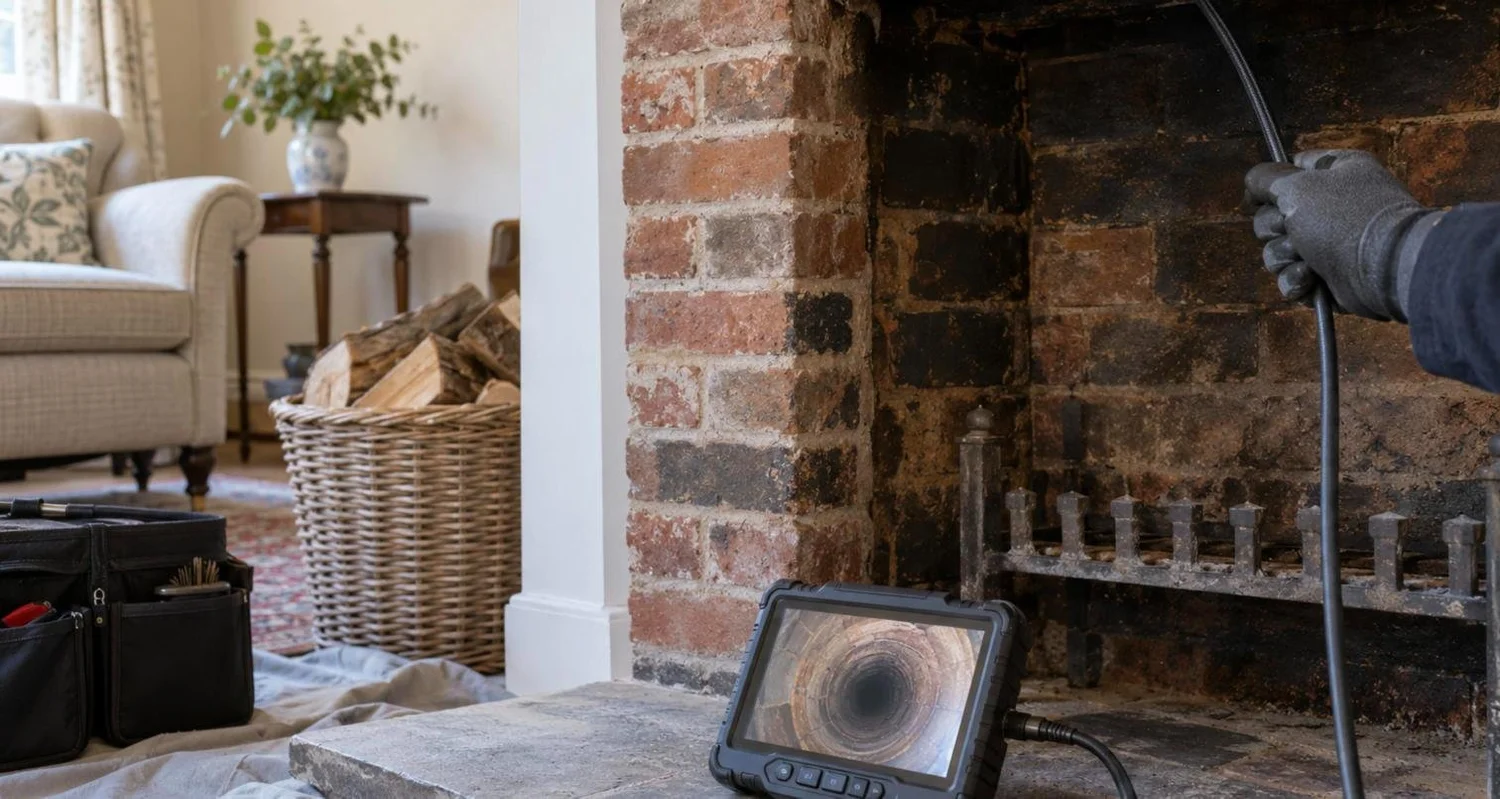Chimney sweep feeding an inspection camera into a flue for a CCTV chimney survey