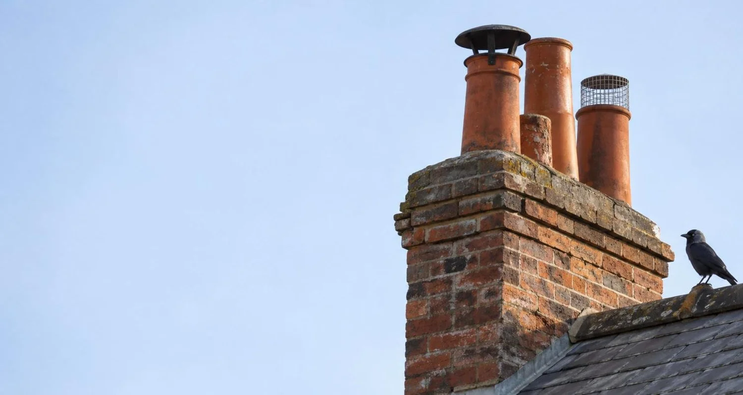 Chimney pot on a roof fitted with a cowl and bird guard