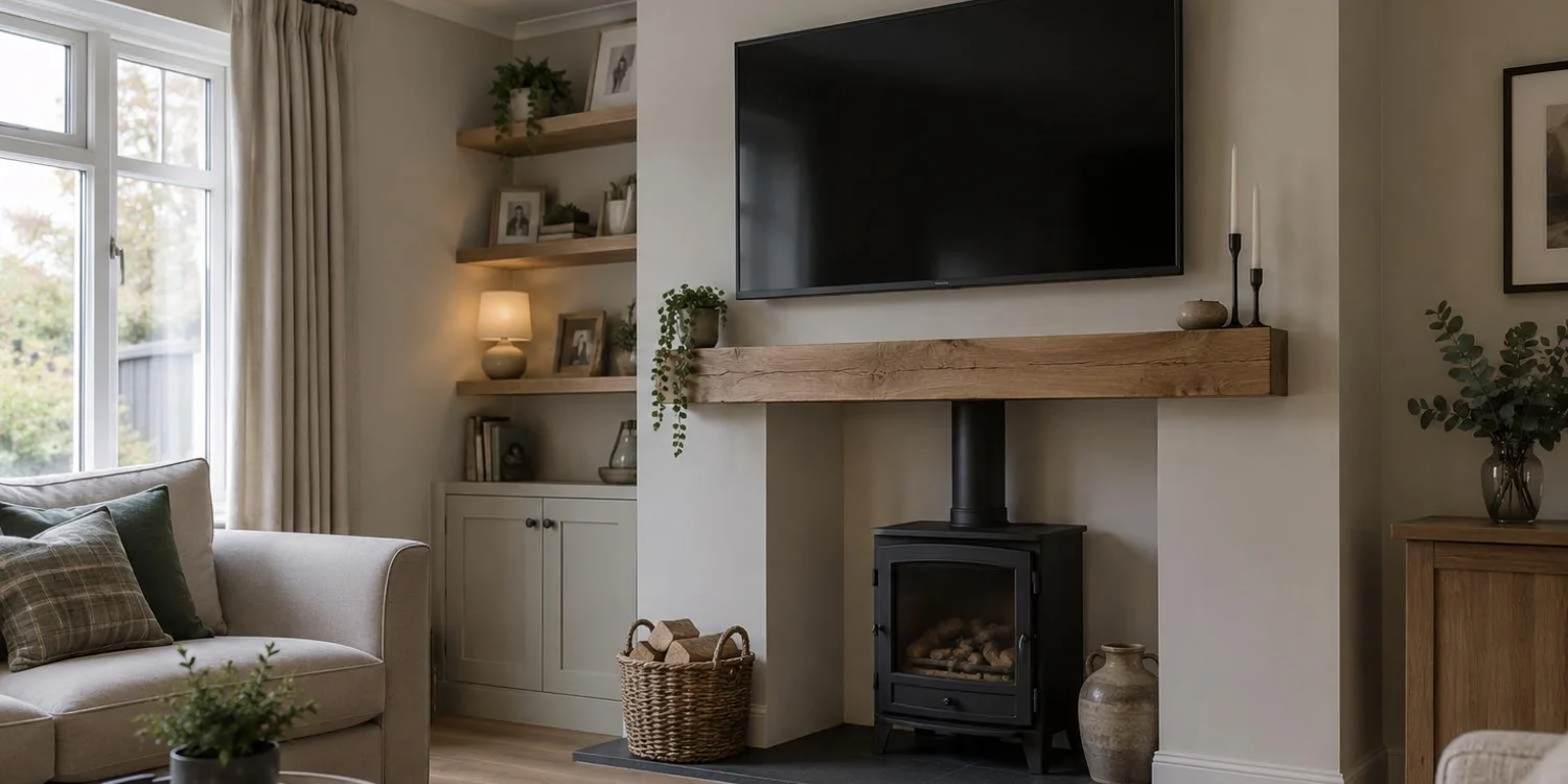 Living room with a wood burning stove and a TV mounted on the chimney breast above