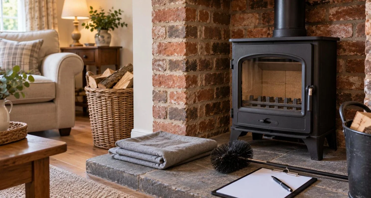 Chimney sweep carrying out a smoke test on a wood burning stove