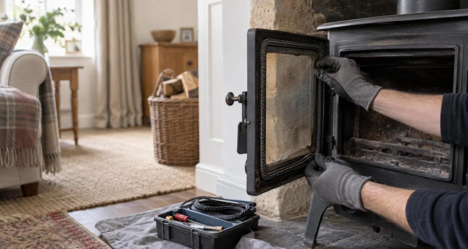 Wood burning stove being serviced with the door open and new rope seal fitted