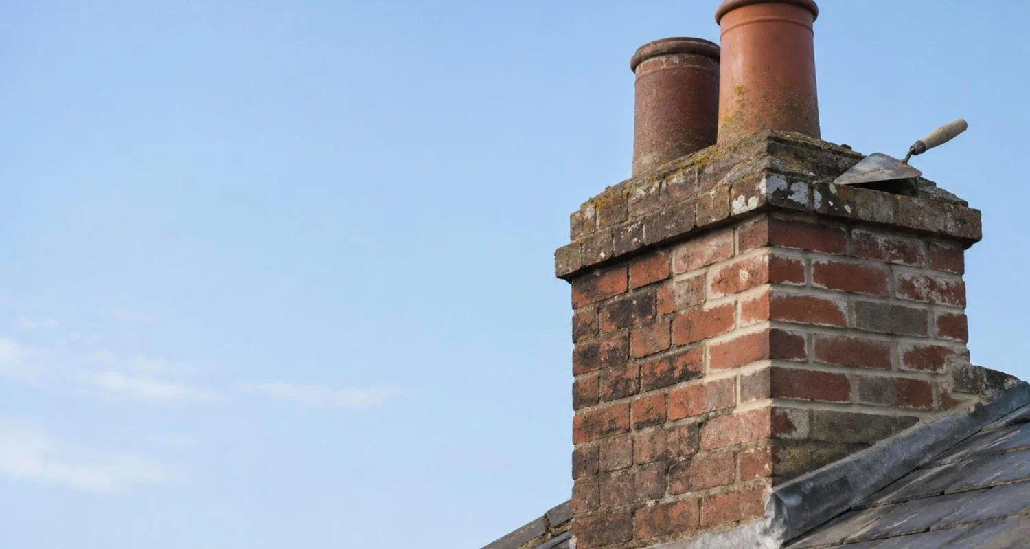 Chimney stack on a house roof with chimney pots and brickwork