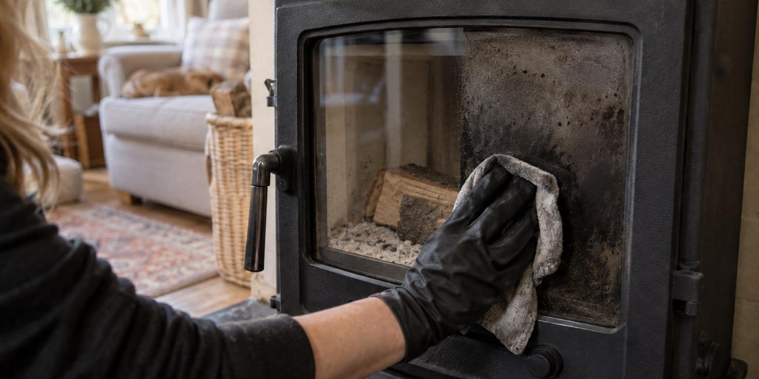 Cleaning the glass door of a wood burning stove