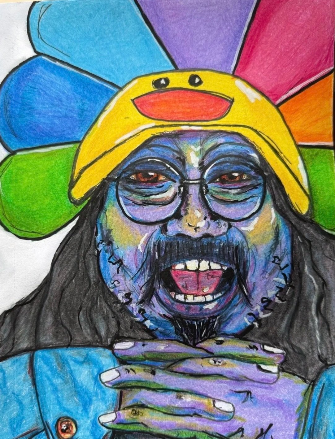 A colorful drawing of a man with long black hair, a beard, and glasses, wearing a yellow hat with a red smiley face, in front of a background with rainbow-colored sections.