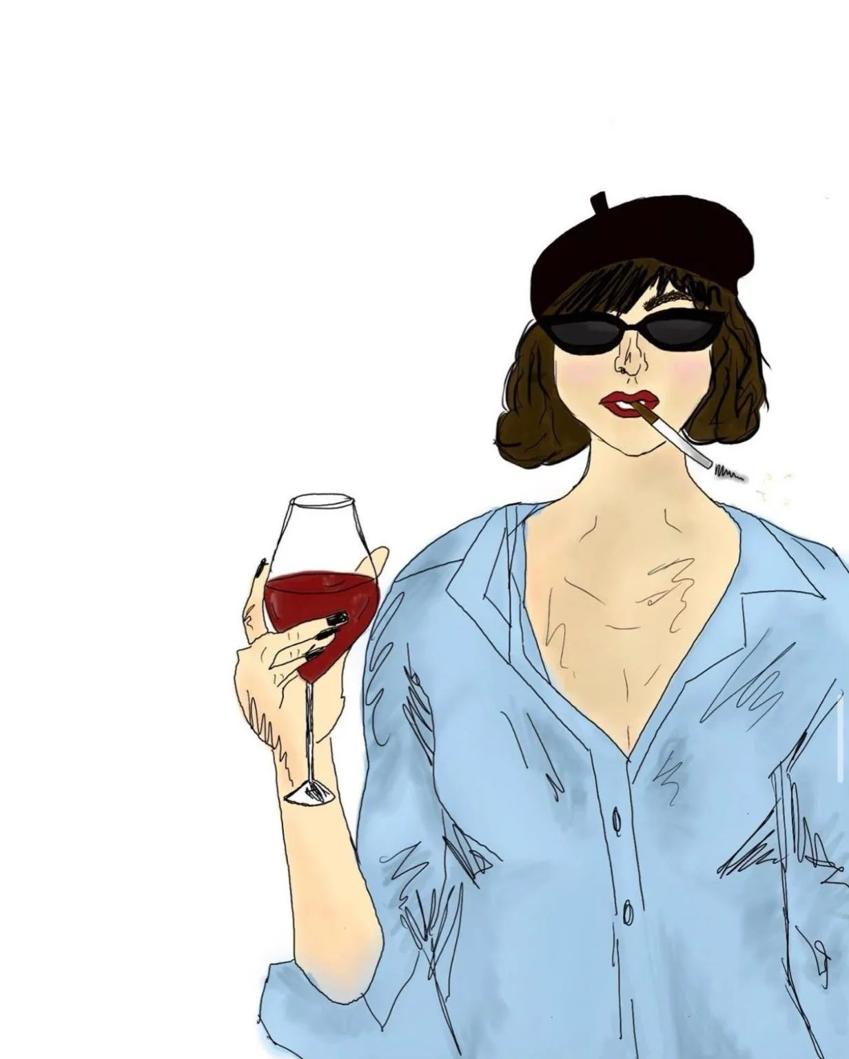 A woman wearing sunglasses and a beret holds a glass of red wine in one hand and has a cigarette in her mouth, dressed in a blue shirt.