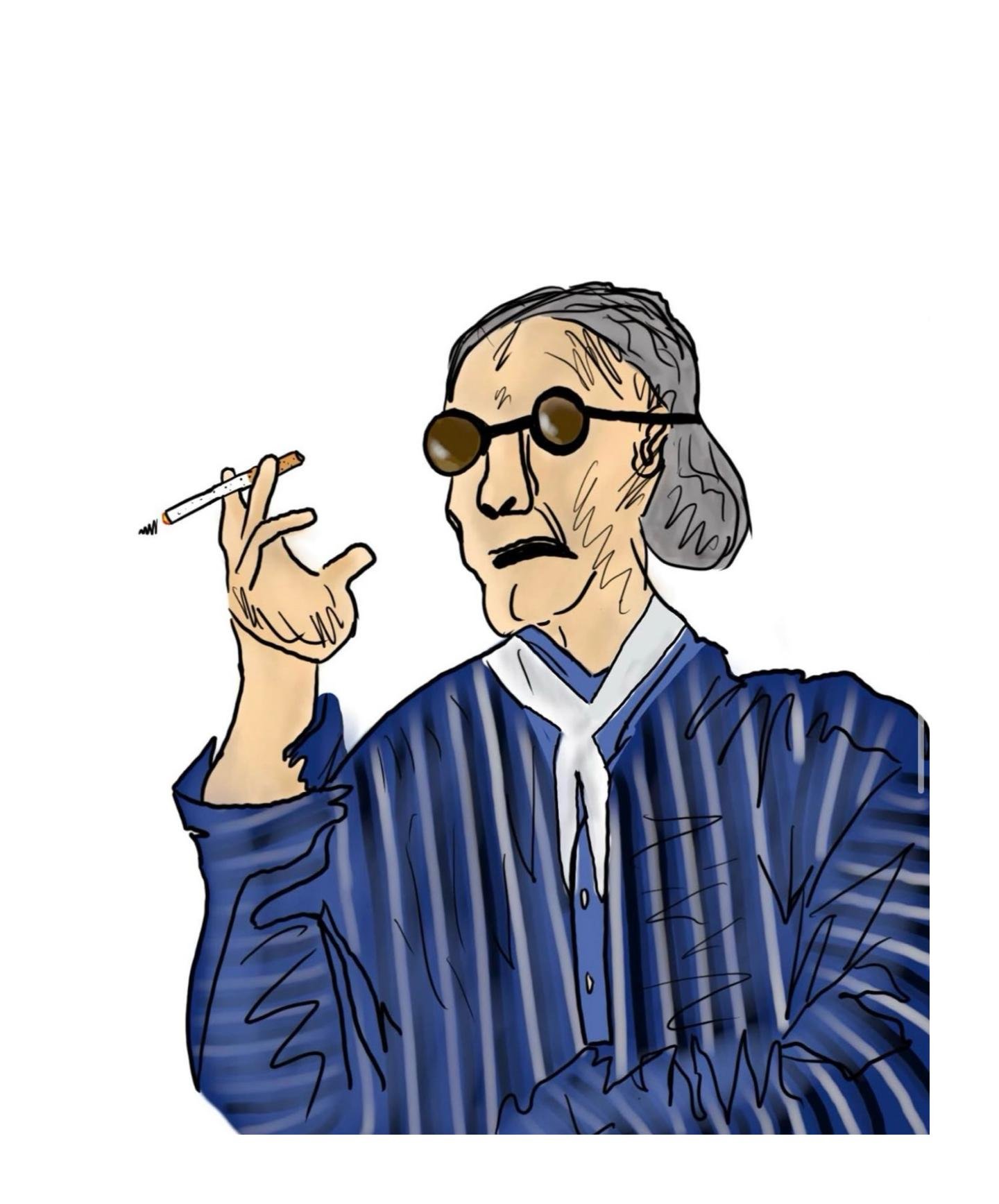 A drawing of an elderly person with gray hair, wearing round sunglasses and a blue striped shirt, holding a cigarette in their right hand.