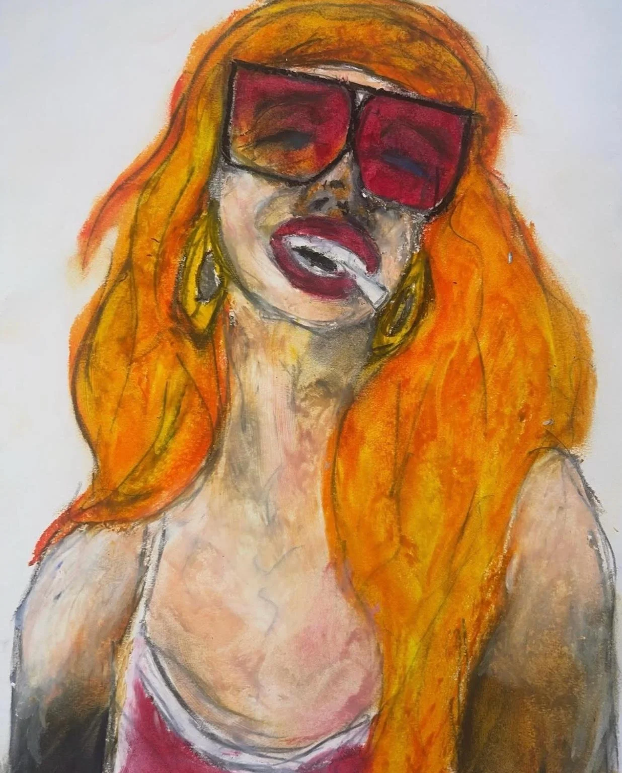 A colorful portrait of a woman with long orange hair wearing large red sunglasses, lipstick, earrings, and holding a cigarette in her mouth.