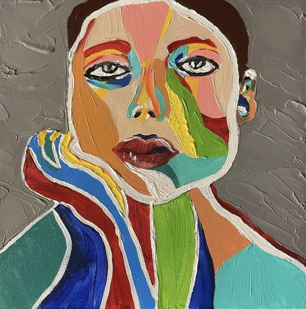 A colorful abstract portrait painting of a woman's face with bold, vibrant colors and expressive brush strokes on a textured gray background.