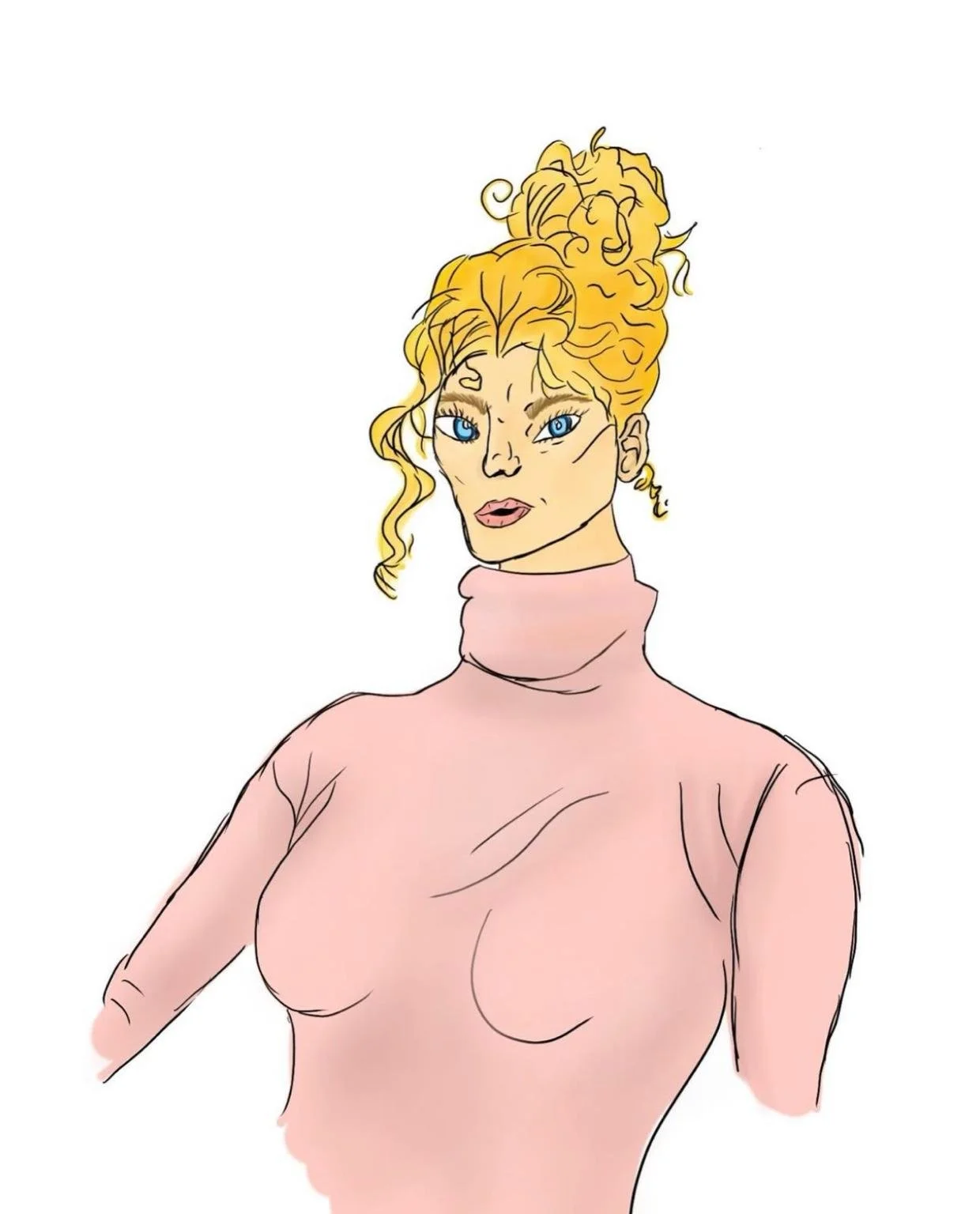 A digital illustration of a woman with curly blonde hair styled in an updo, wearing a pink turtleneck sweater, with blue eyes and light makeup.