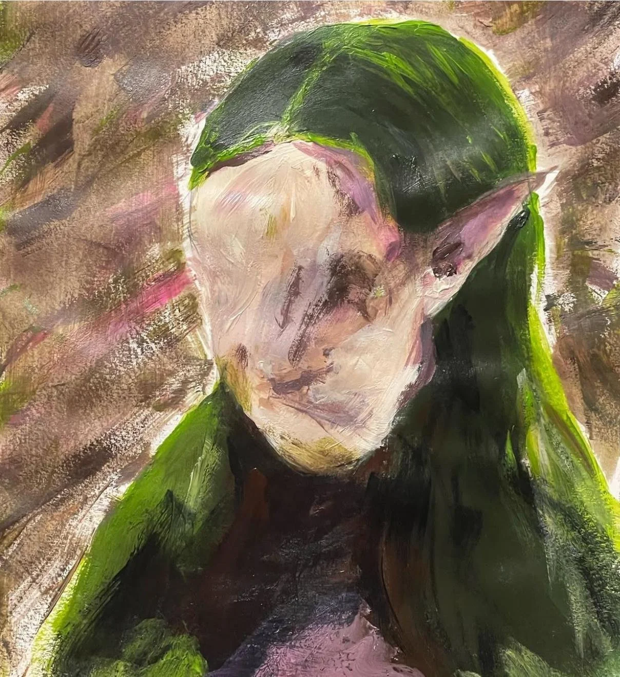 Abstract painting of a woman with dark green hair, with her eyes closed, resting her face on her hand.
