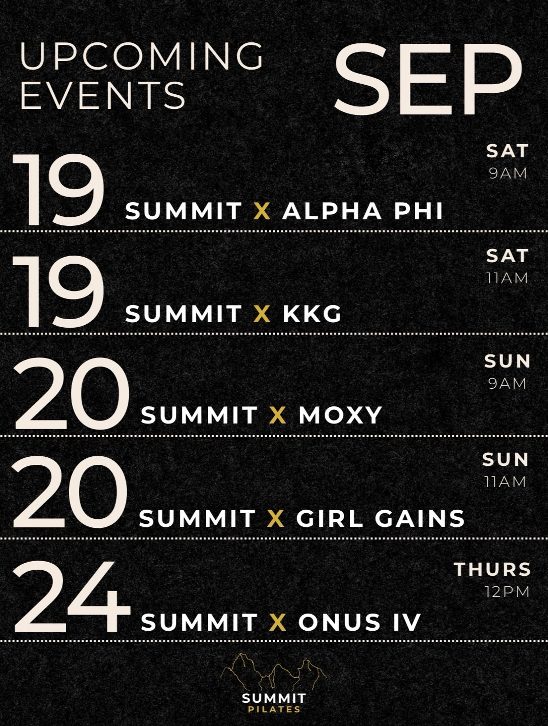 September is stacked. ⛰️🙌

We&rsquo;re taking Summit outside the studio and around Boulder all month long. Mat Pilates, community events, giveaways, and a few of our favorite partners. And we&rsquo;re just getting started.

All event details, RSVP l
