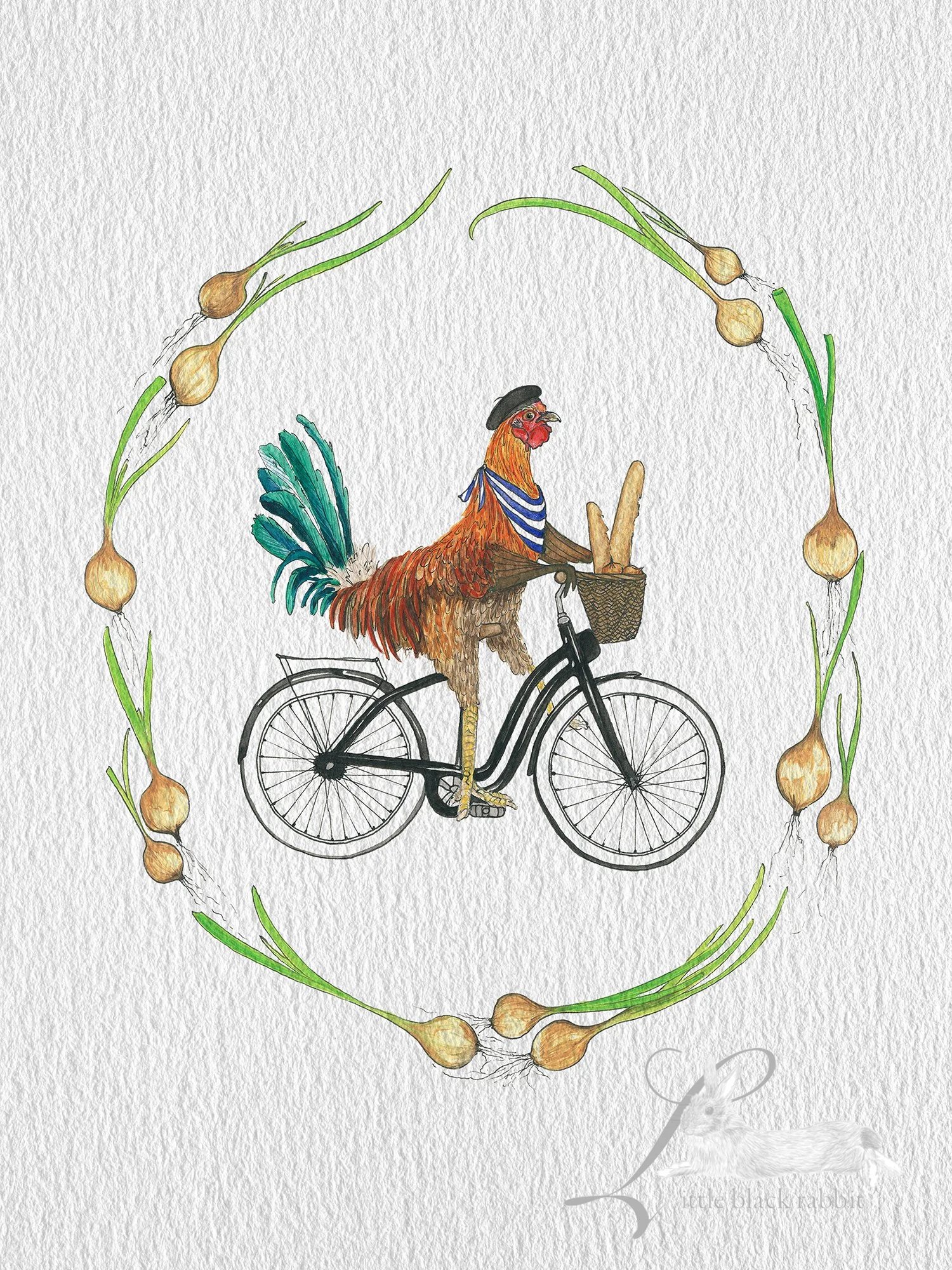 Watercolour giclee print of a rooster with beret and a baguette on a black bicycle, framed by a wreath of onions.