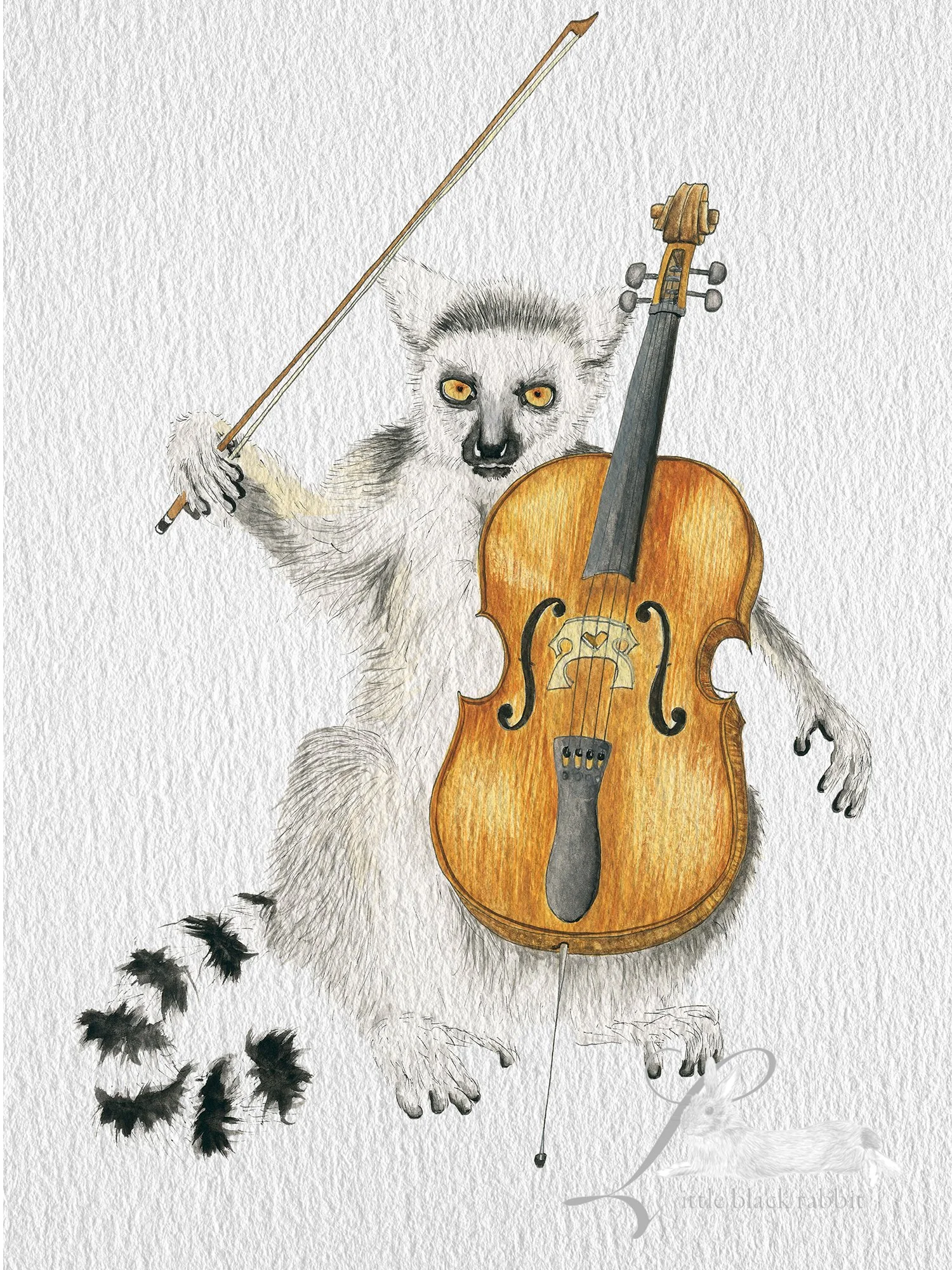 Giclee print of a watercolour painting of a ringtailed lemur flamboyantly playing a cello.