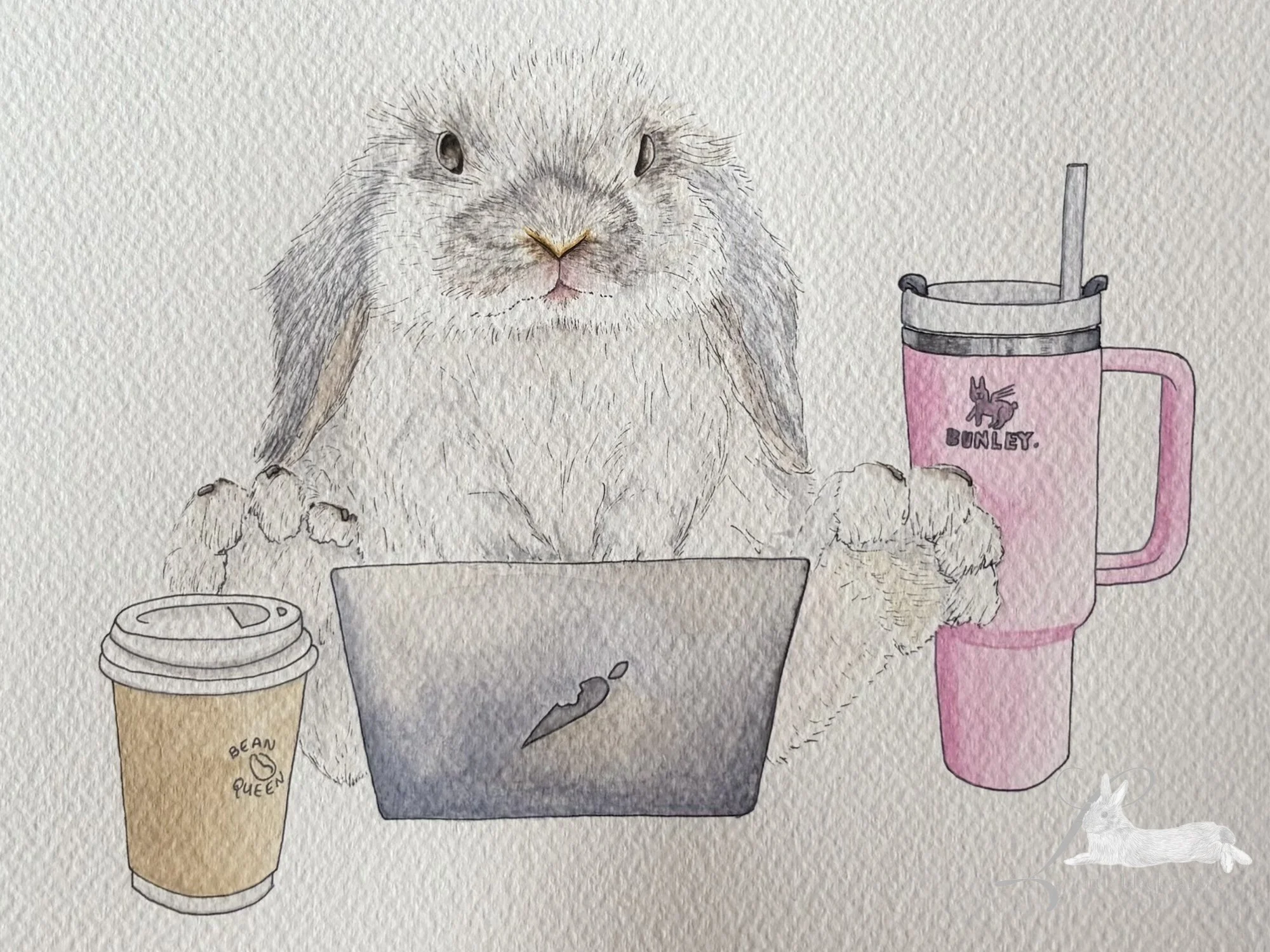 Original watercolour paintiner of a cute rabbit with a carrot rabintosh laptop, and Bunley insulated travel mug and a takeaway coffee, with the text 'Stay Hydrated' at the top left hand corner.