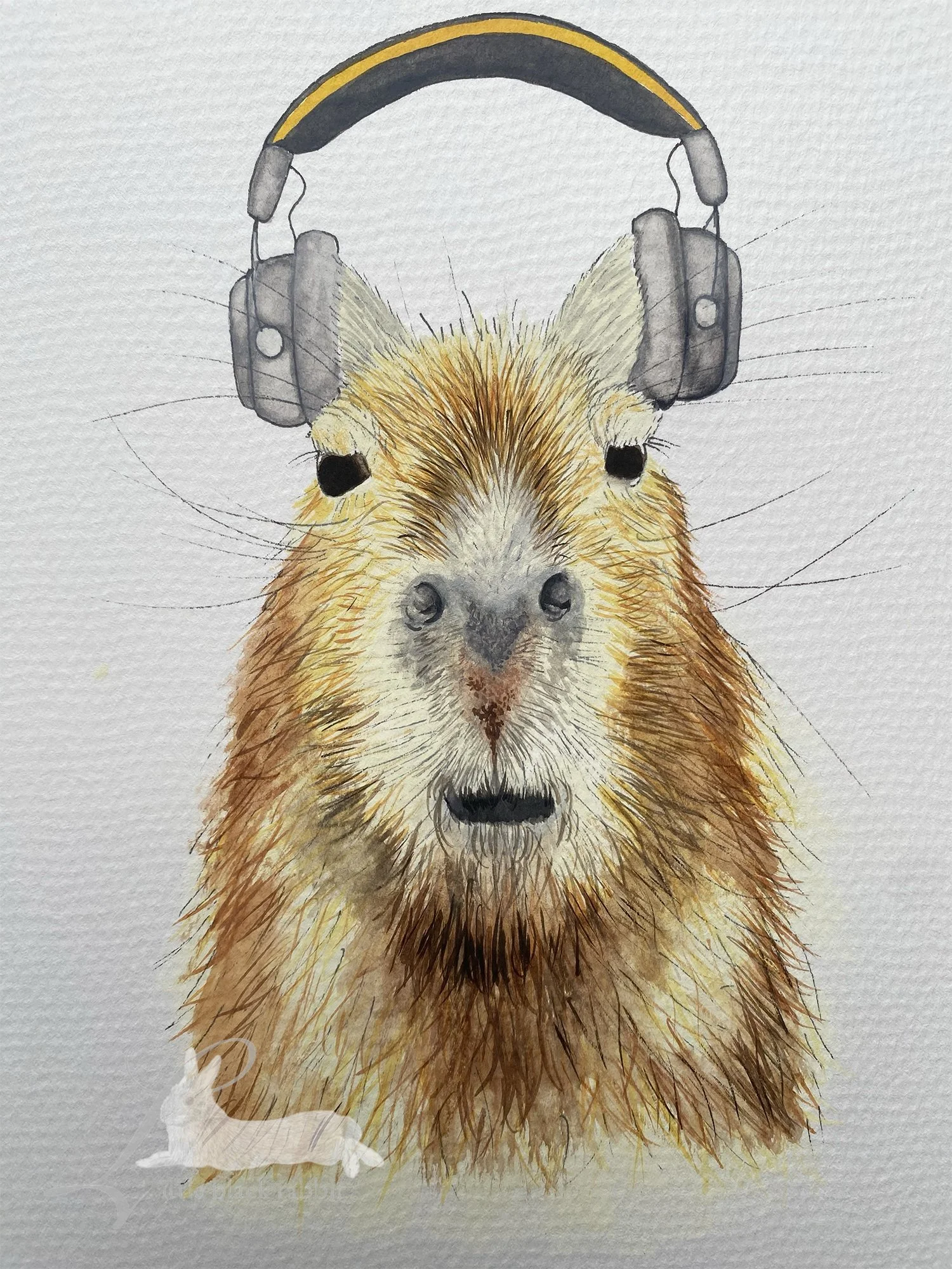 Hand painted illustration of a capybara wearing headphones.