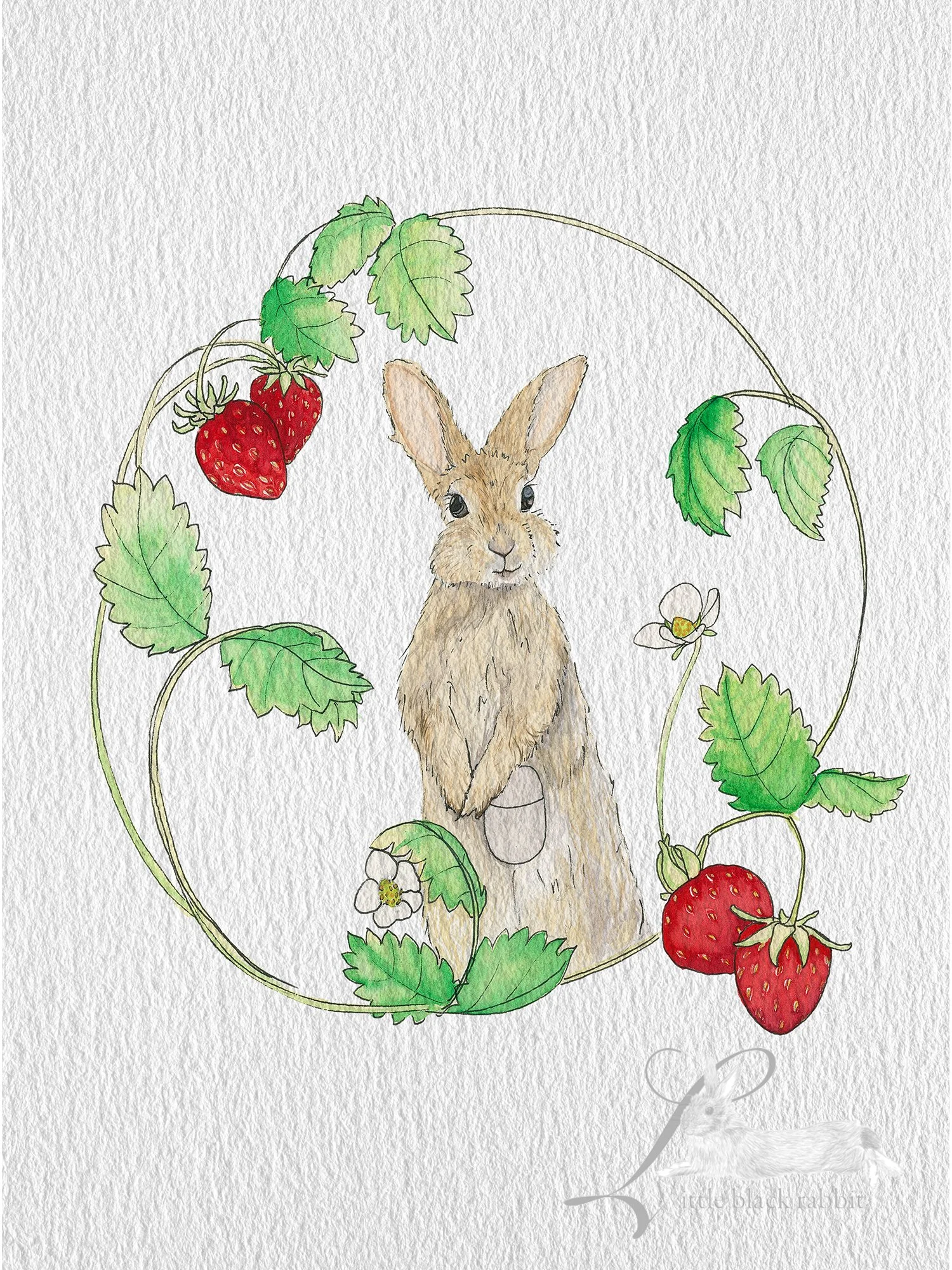 Watercolour painting of a gentle bunny with a stoma bag in a frame of wild strawberries.