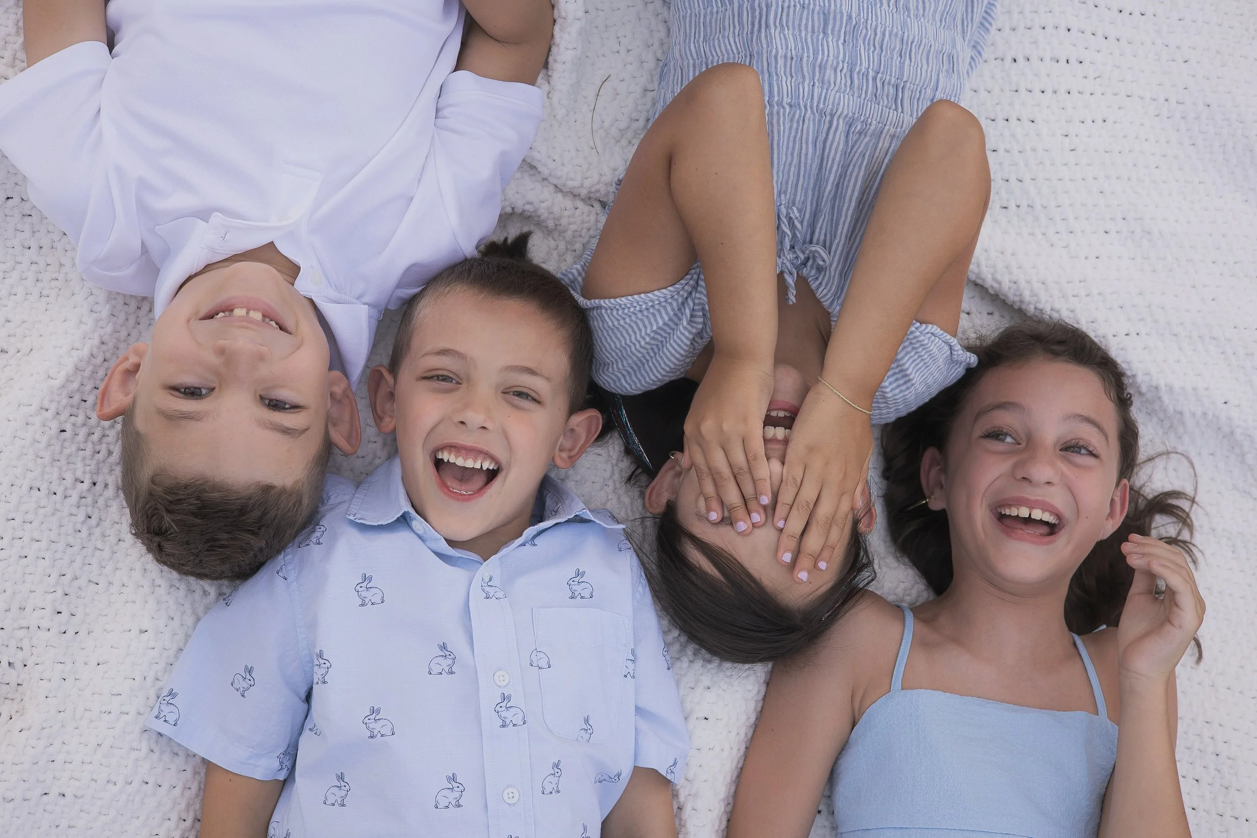 Four kids in blue shirts shot from above at a farm