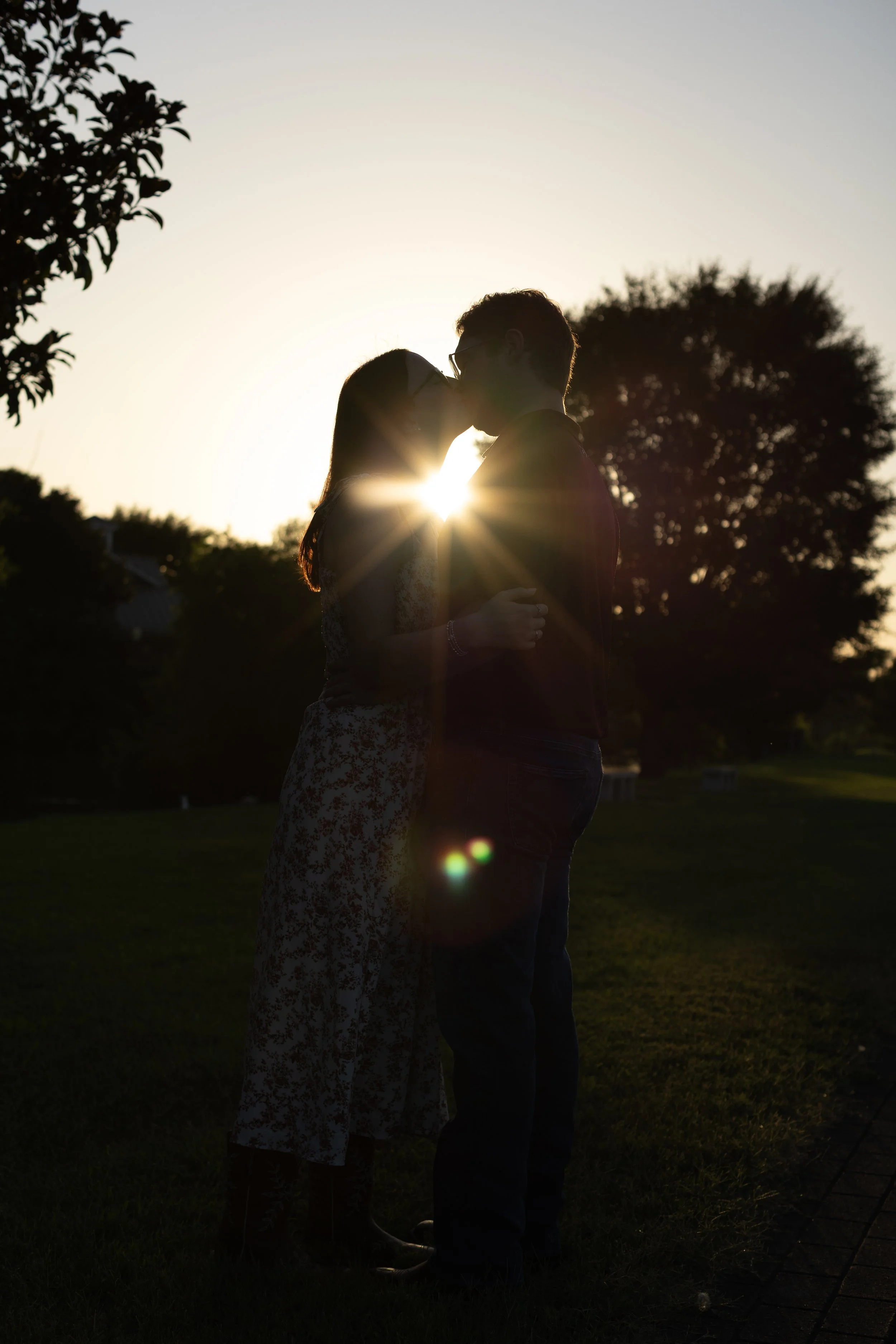 A silhouette of a couple standing close together, kissing at sunset in a park with trees in the background.