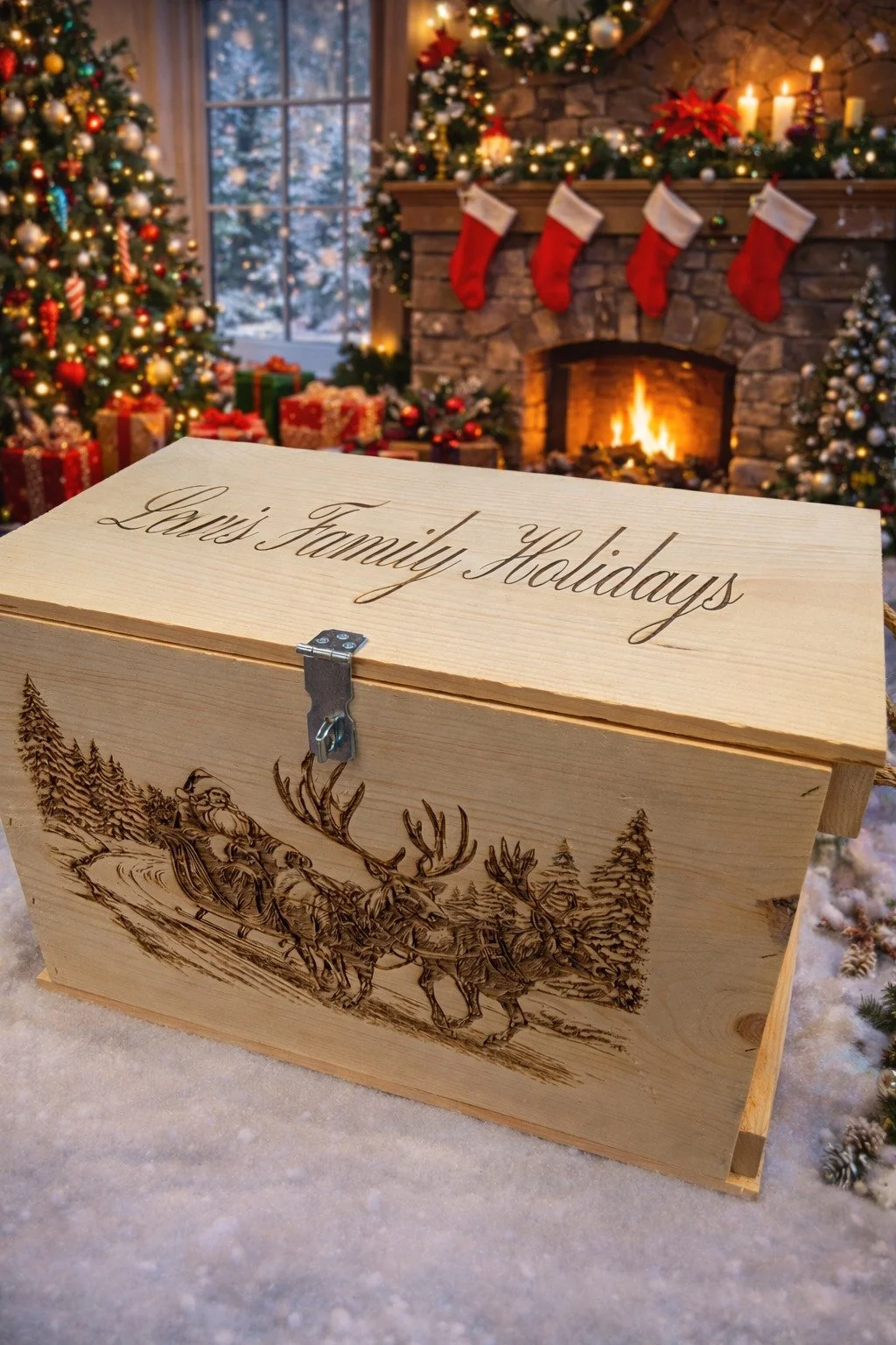 A wooden box with the words 'David Family Holidays' engraved on the lid, featuring an illustration of Santa Claus riding in a sleigh pulled by reindeer surrounded by trees, set against a festive Christmas living room with decorated trees, wrapped presents, and a lit fireplace.