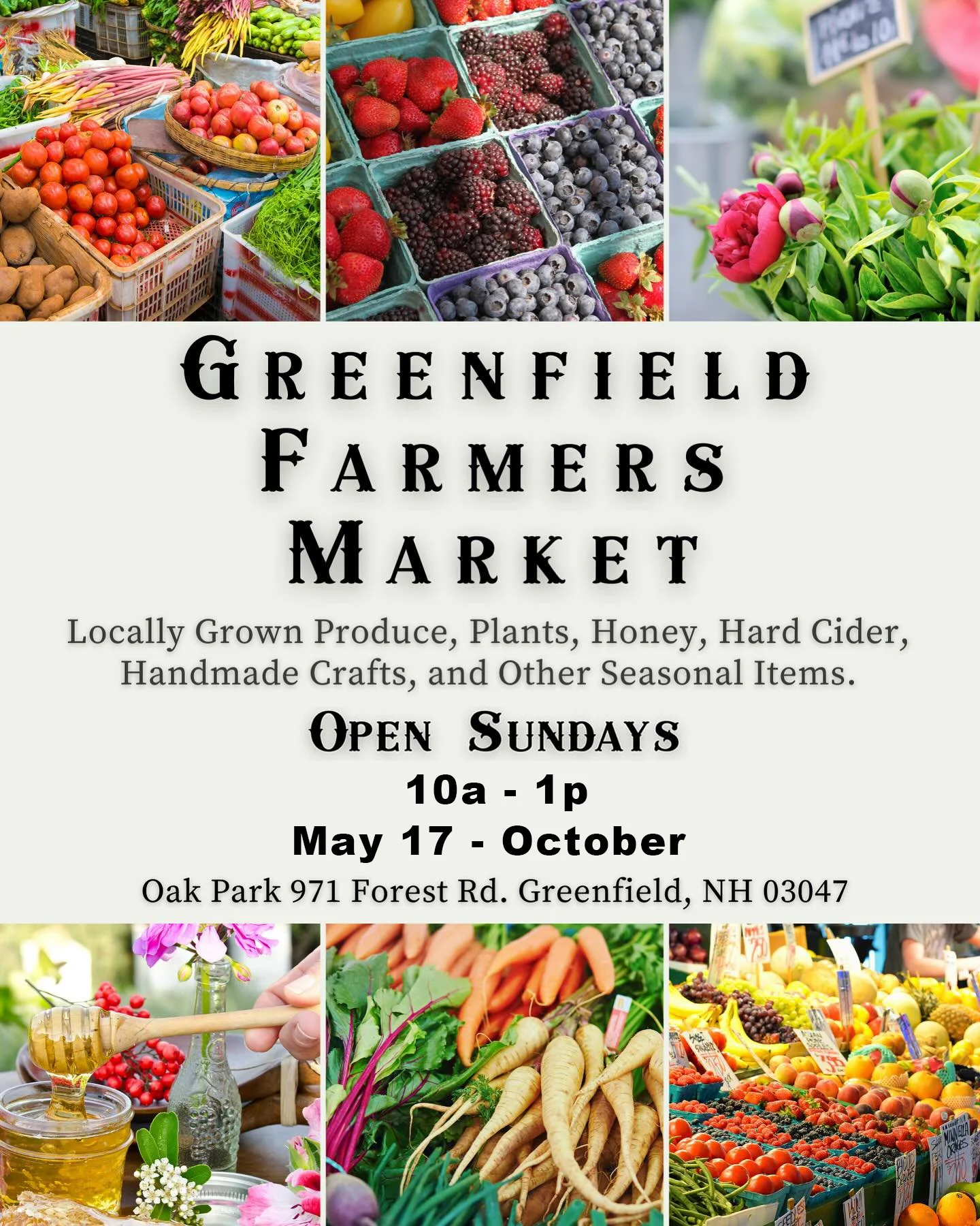 Flyer for Greenfield Farmers Market showing various fresh produce like tomatoes, strawberries, blueberries, carrots, and flowers at an outdoor market. Text details market hours, location, and seasonal operation dates.