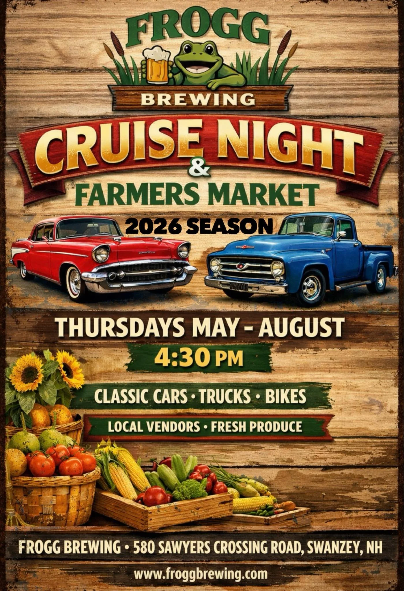 A poster for Frogg Brewing's Cruise Night and Farmers Market in Swanzey, New Hampshire, featuring a cartoon frog holding a beer mug, classic cars, fresh fruits and vegetables, and event details.