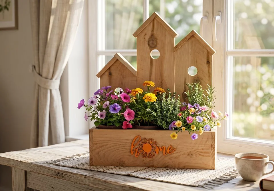 Wooden planter box with colorful flowers, decorative wooden houses, a cut-out word 'home,' a window in the background, a curtain, and a cup of tea on a table in a cozy room.