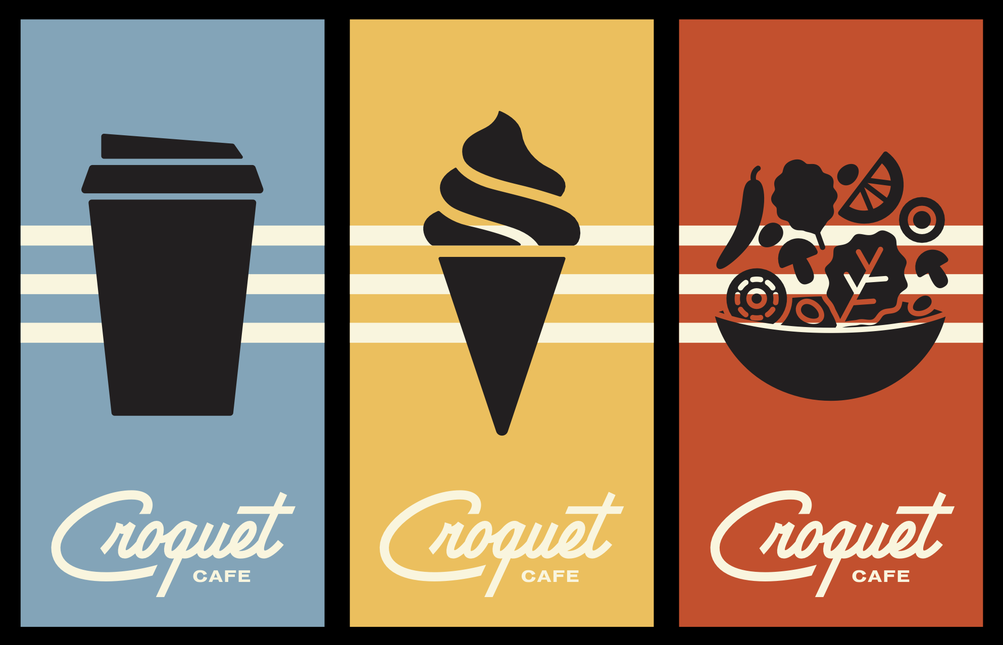 Graphic design featuring three colorful panels, each depicting a silhouette of a croquet-related item: a cup with stacked croquet hoops, an ice cream cone, and a bowl of salad with vegetables, with the words 'Croquet Café' written at the bottom.