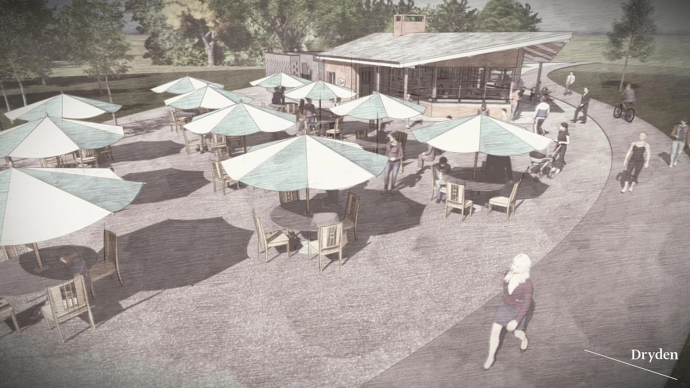 Rendering of an outdoor patio area with several round tables shaded by large umbrellas, adjacent to a modern building with large glass windows, surrounded by trees, with people walking, cycling, and sitting.