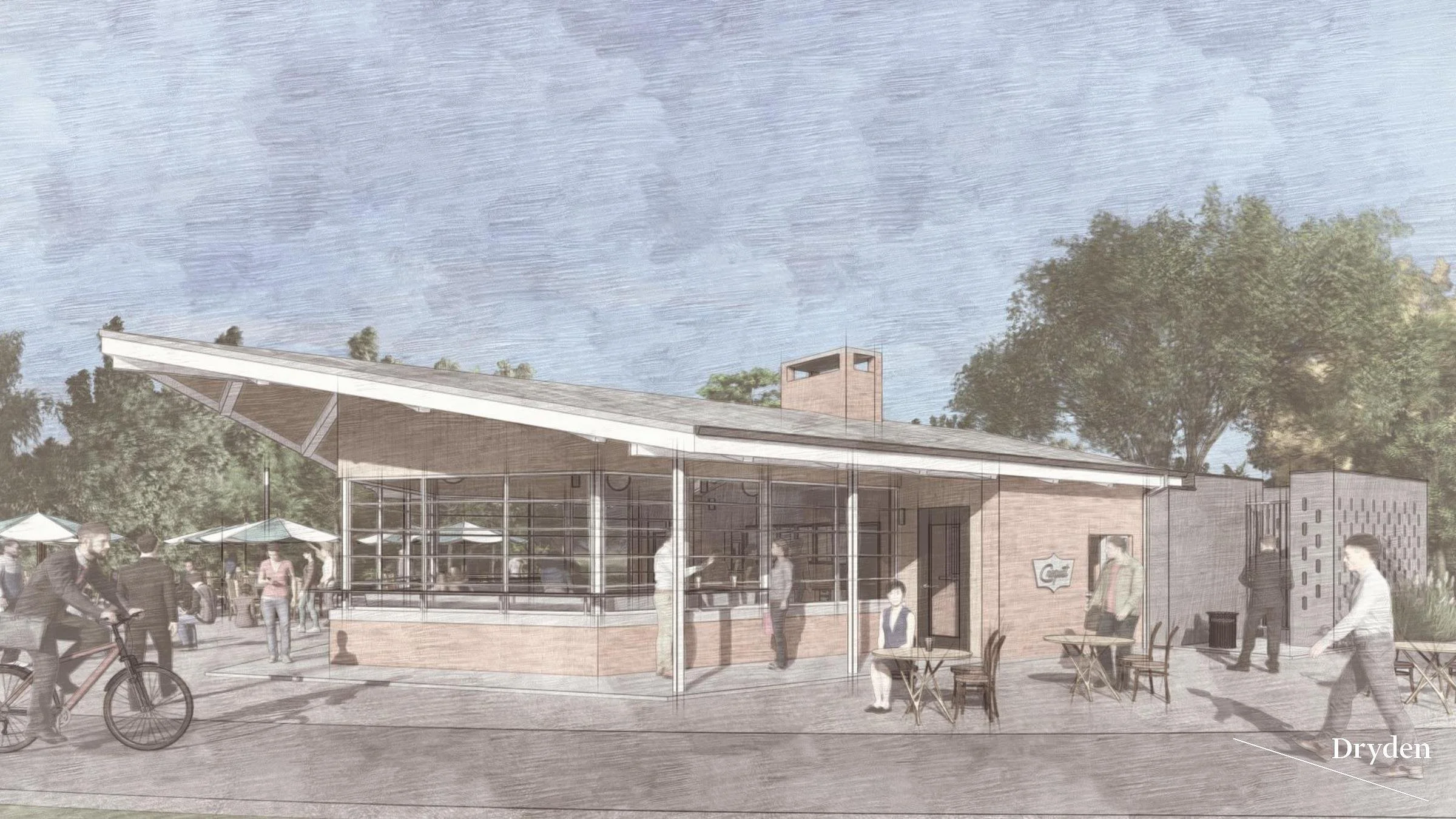 Architectural rendering of a modern outdoor public space with a building featuring large glass windows and a slanted roof, surrounded by trees and people walking, talking, and biking.
