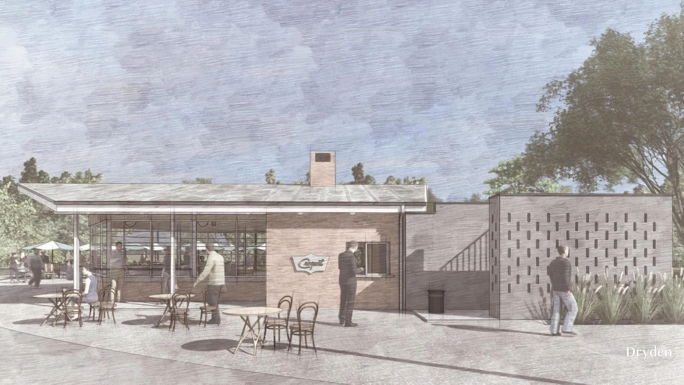 Architectural rendering of a modern outdoor cafe with patio seating and people walking by, with a building featuring glass walls and a decorative brick wall, trees, and a clear sky in the background.