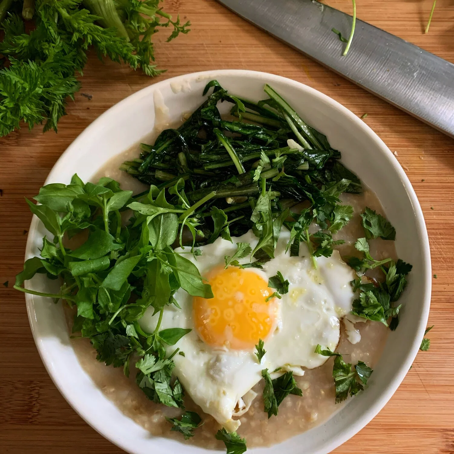 Brown Rice Porridge with Dandelion Greens &amp; Chervil