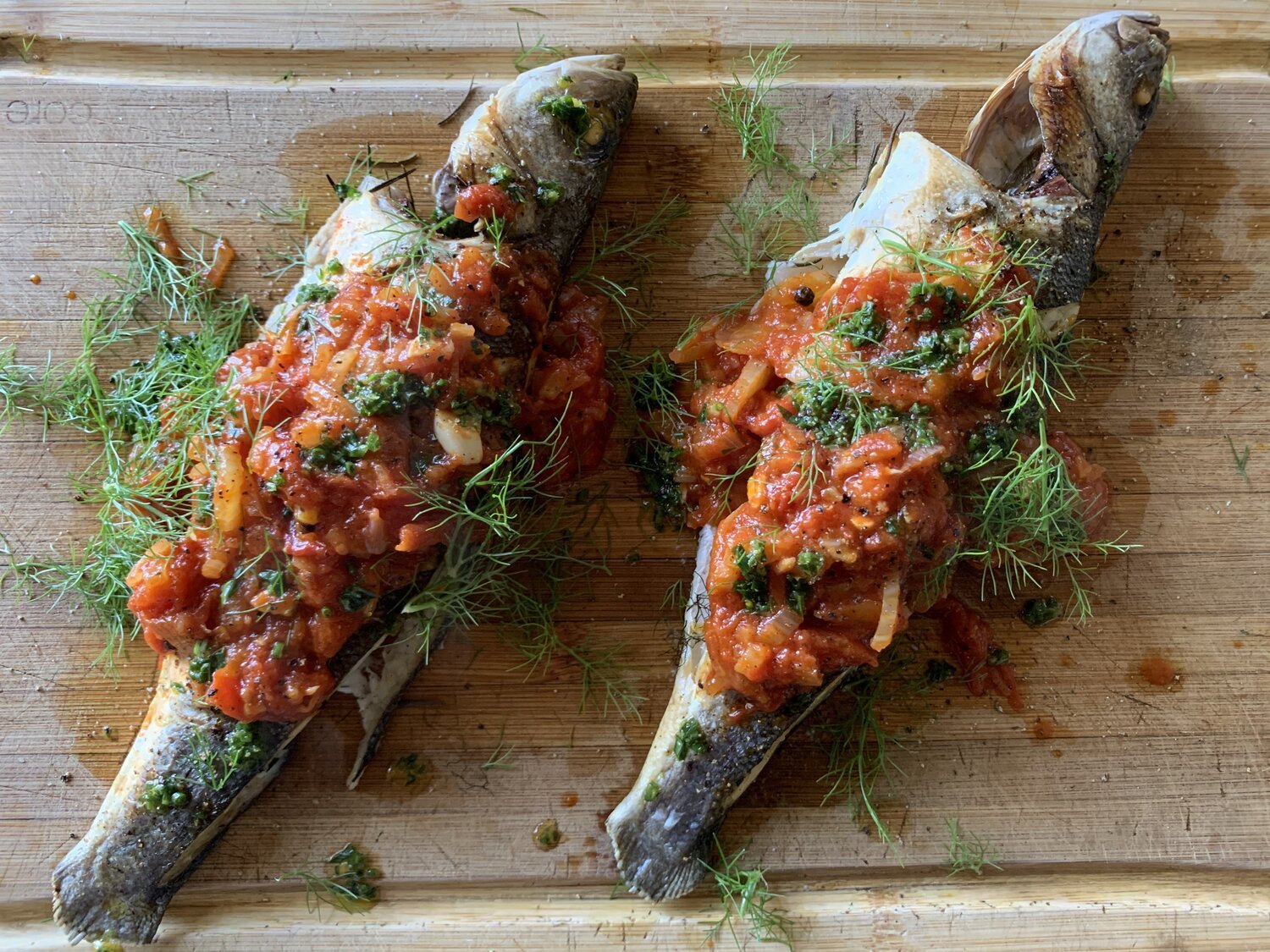 Whole Roasted Branzino with Tomato, Fennel Sauce &amp; Tarragon Gremolata