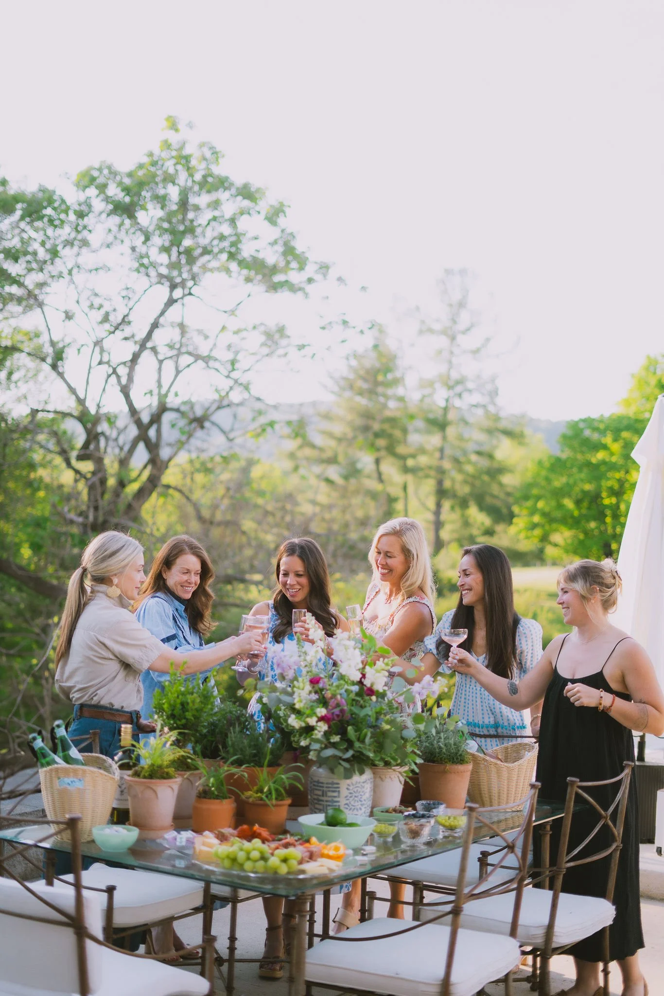 A group of women at a garden party, standing around a table with food and drinks, smiling and toasting each other, with greenery and trees in the background.
