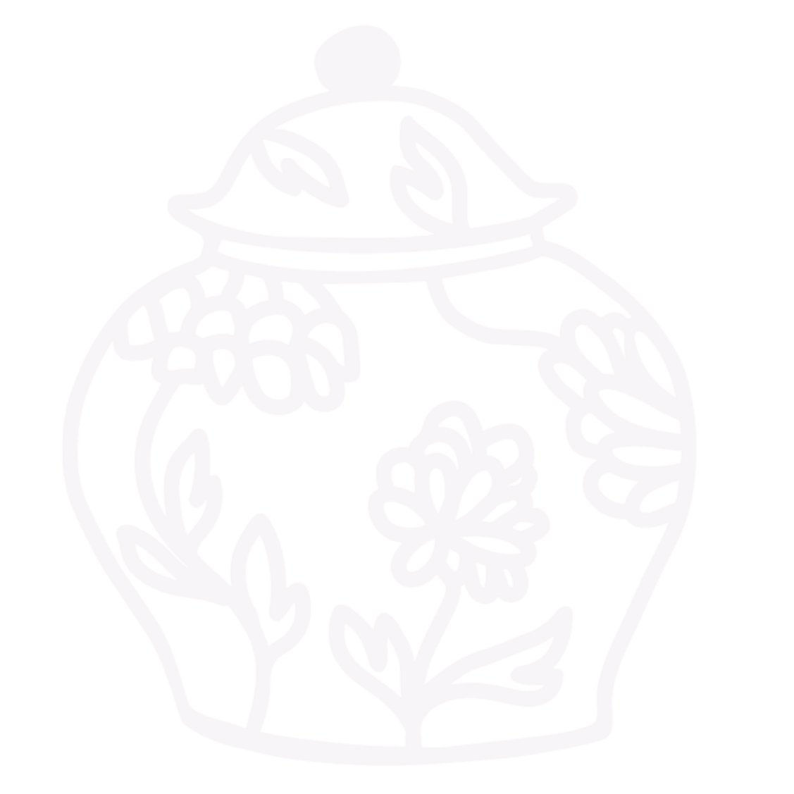 Outline drawing of a bag with flowers and leaves inside, in purple on a black background.